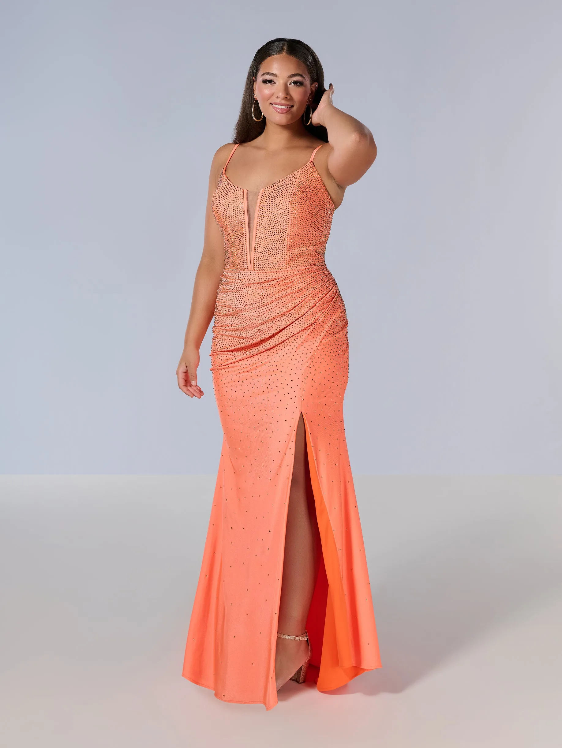 Curvy Fitted V-Neck Slit Gown by Tiffany Designs 16194