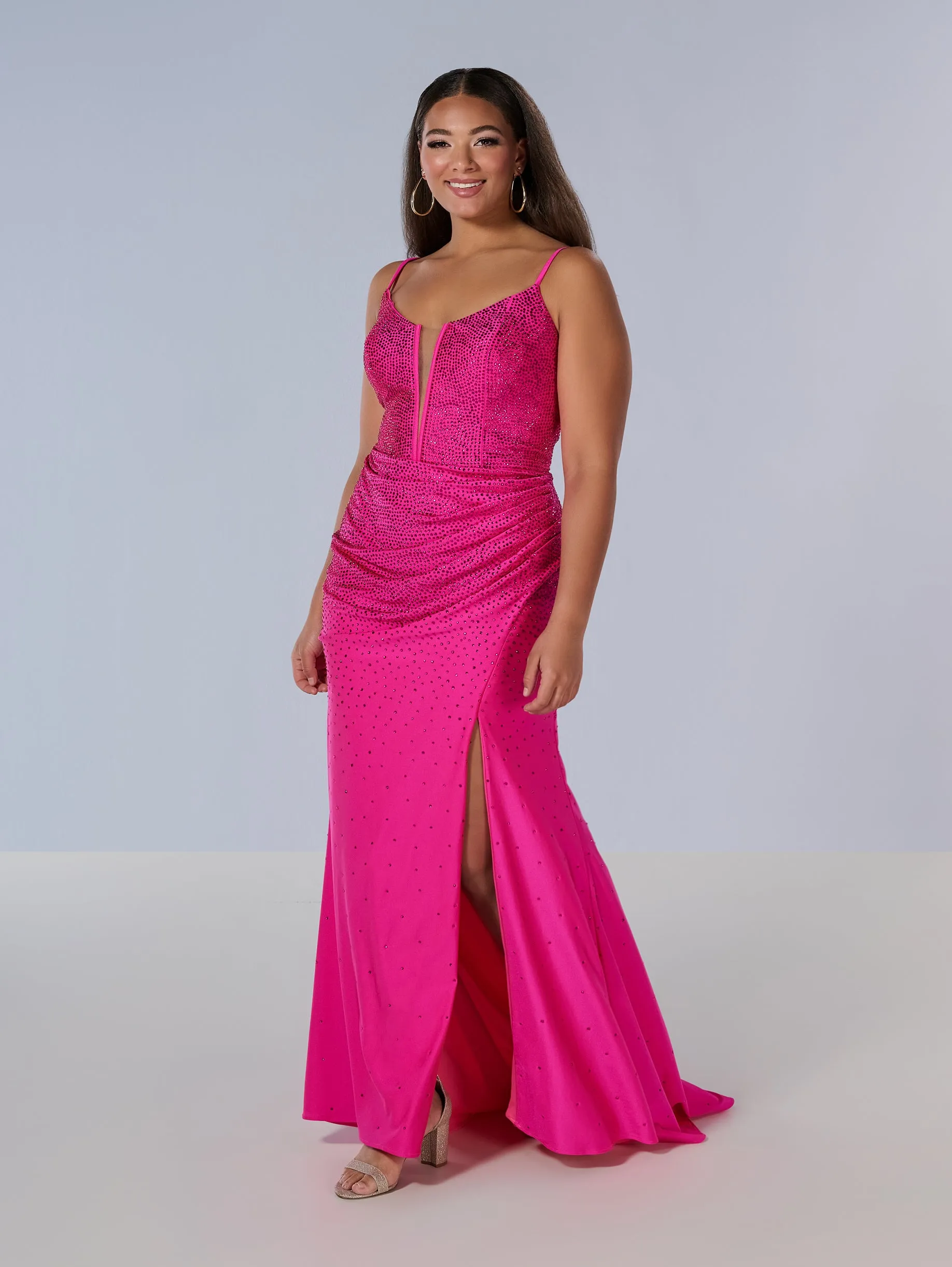 Curvy Fitted V-Neck Slit Gown by Tiffany Designs 16194