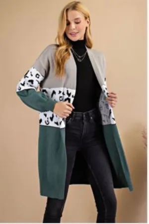 CURVY LONG SLEEVE ANIMAL PRINT COLORBLOCK MIDI SWEATER CARDI