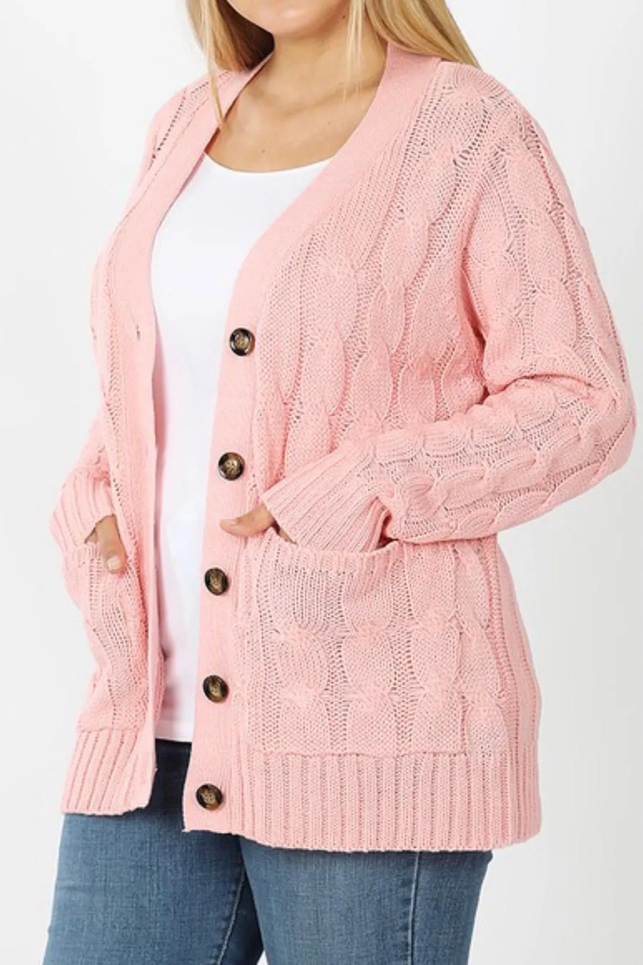 CURVY LONG SLEEVE CABLE KNIT BUTTON DOWN CARDI