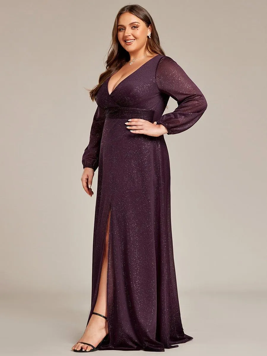 Custom Size Long Sleeve Side Split V-Neck Glittery Evening Dress