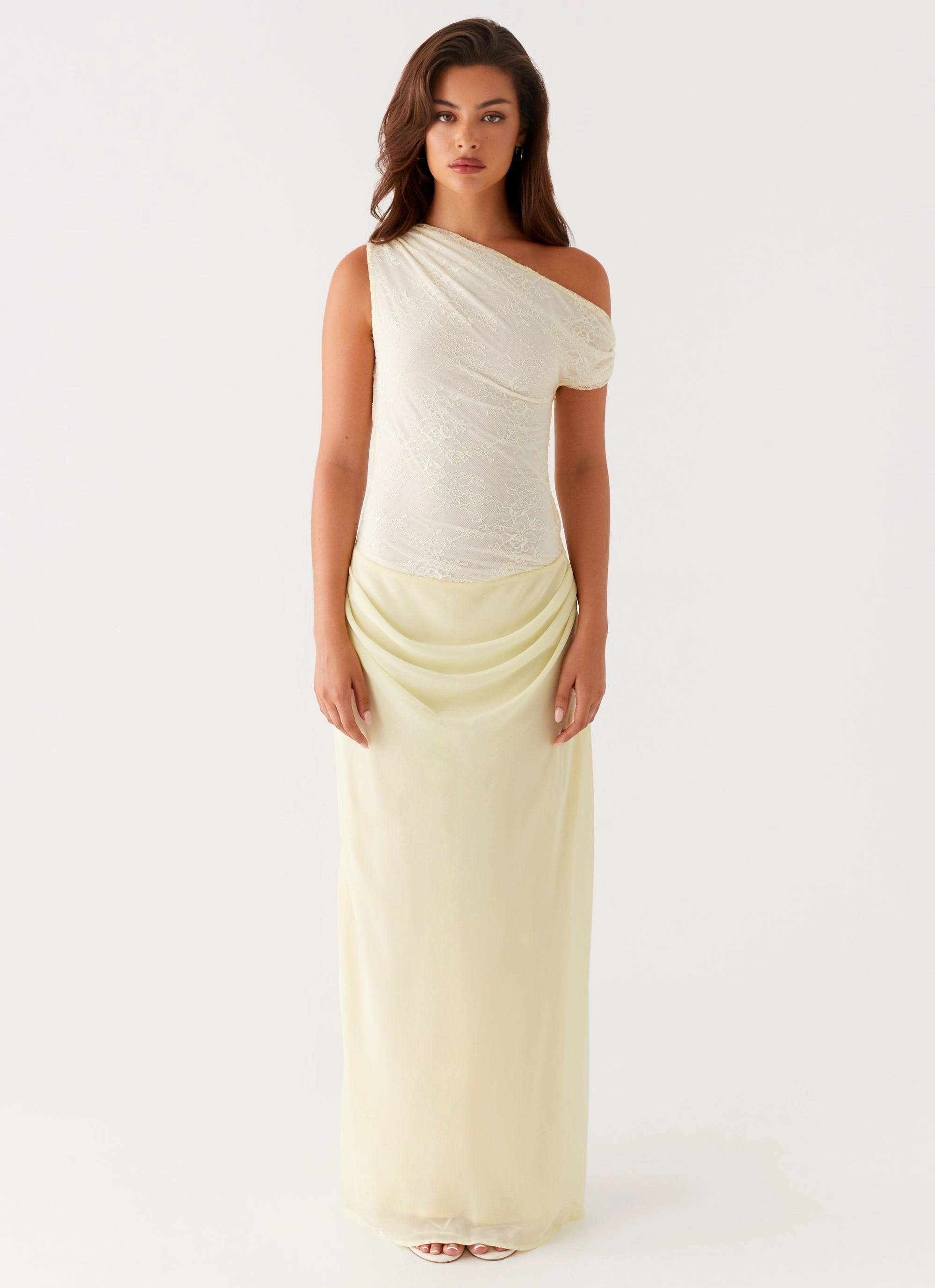 Lili Maxi Dress - Yellow Asymmetrical hem warm tones