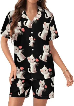 Cute Kitten Cat Holding A Rose Satin Pajamas For Women Set Botton Down Short Sleeves Silk Sleepwear