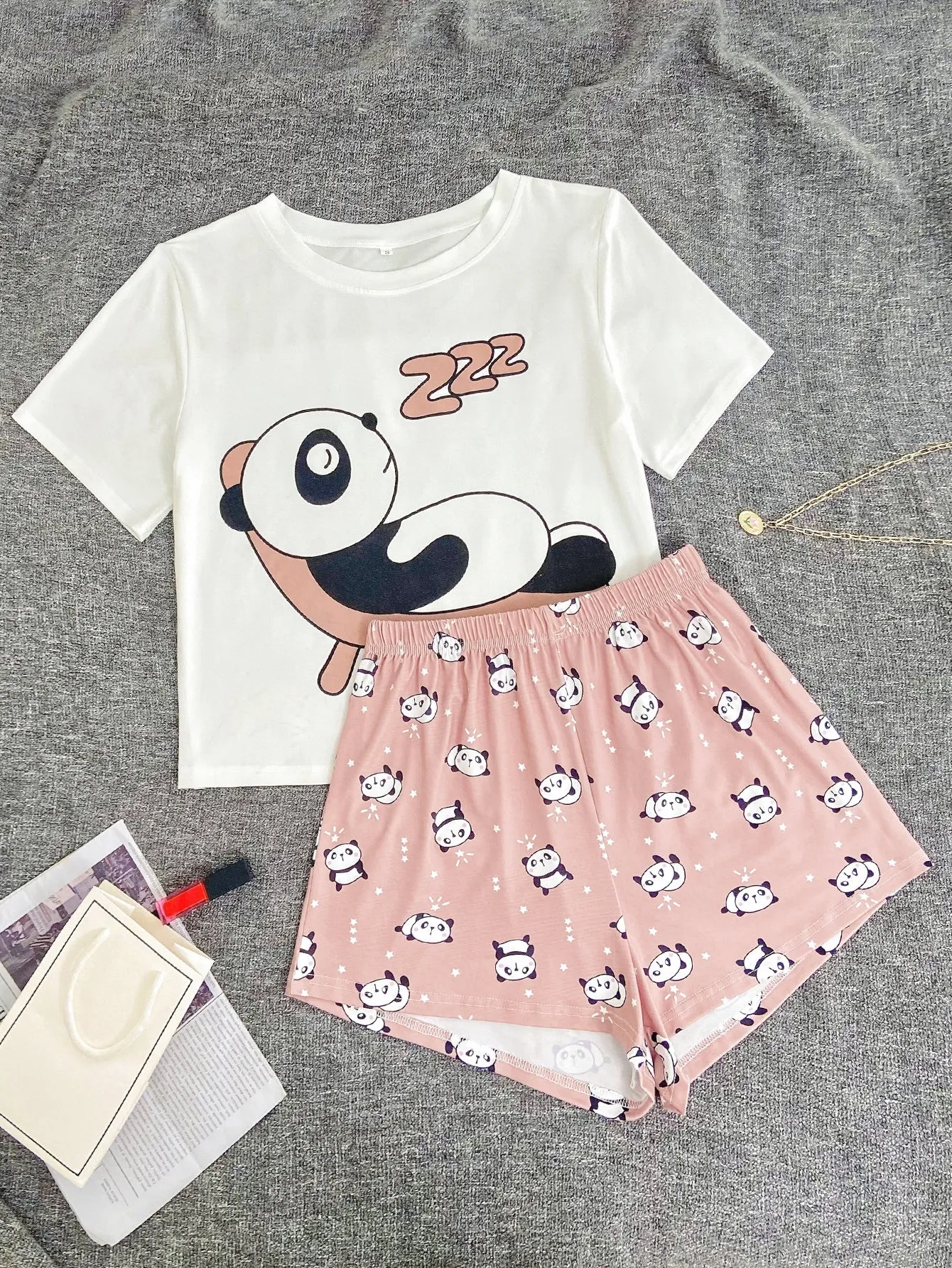 Cute Letter Short Sleeve Round Neck Women Pajama Sets