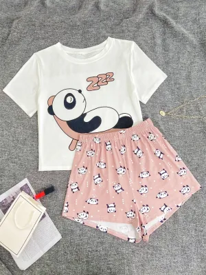 Cute Letter Short Sleeve Round Neck Women Pajama Sets