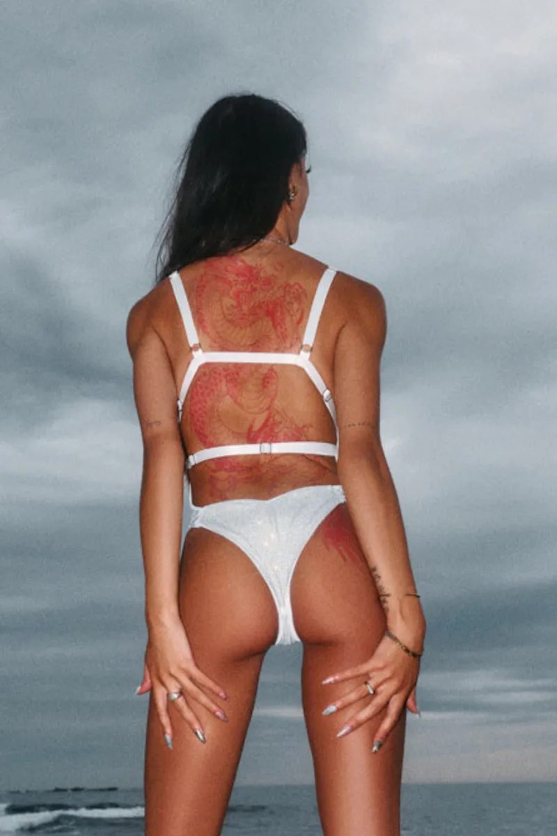 CXIX Aphrodite Bodysuit - White Iridescent Rhinestone Drip