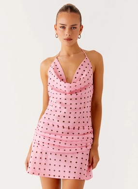 Cyna Cowl Mini Dress - Strawberry Dot Elegant Lines Cyna Cowl Mini Dress - Strawberry Dot Cute Glow