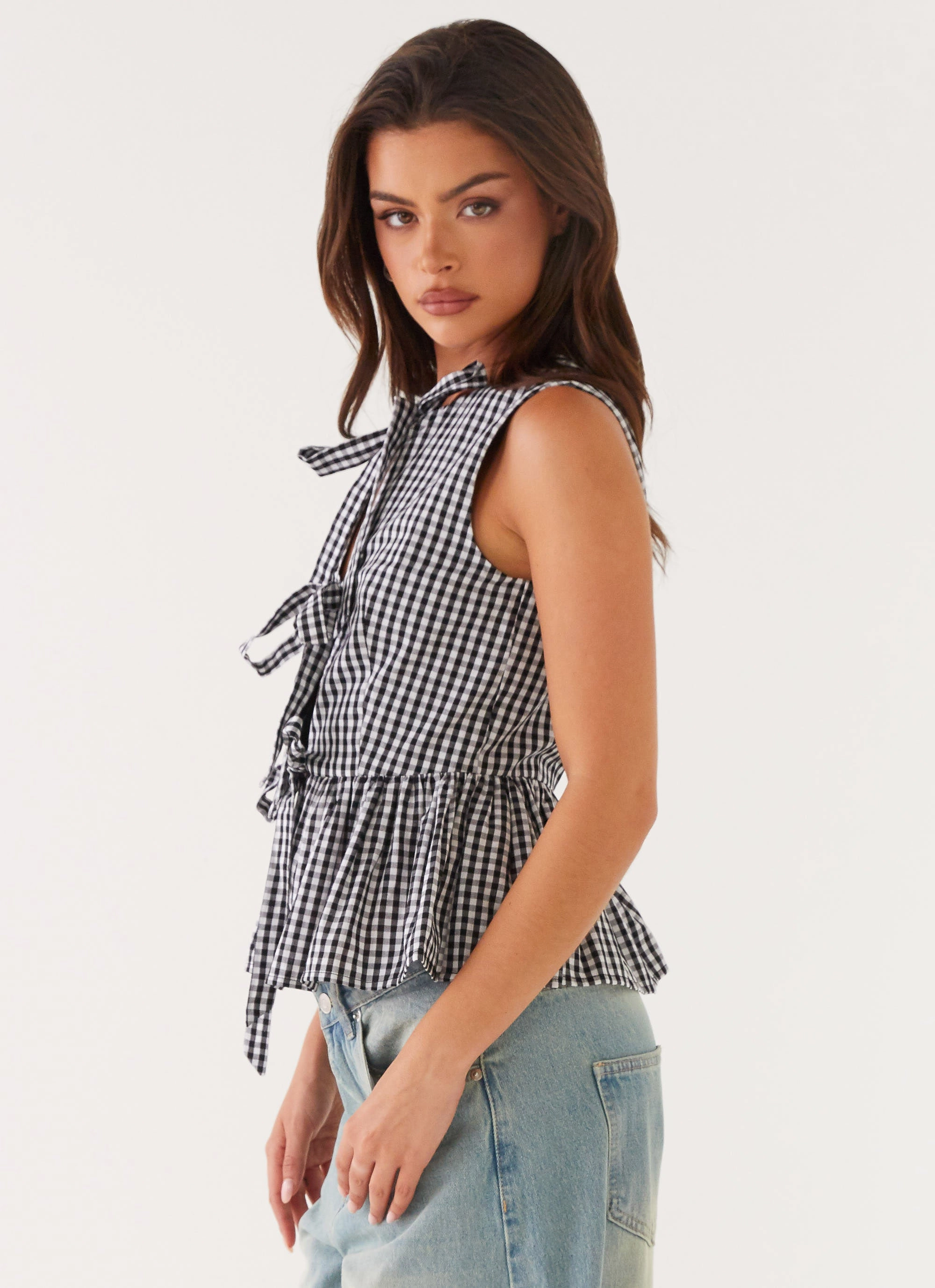 WrinkleResistantTextile Cyrene Tie Top - Black Gingham