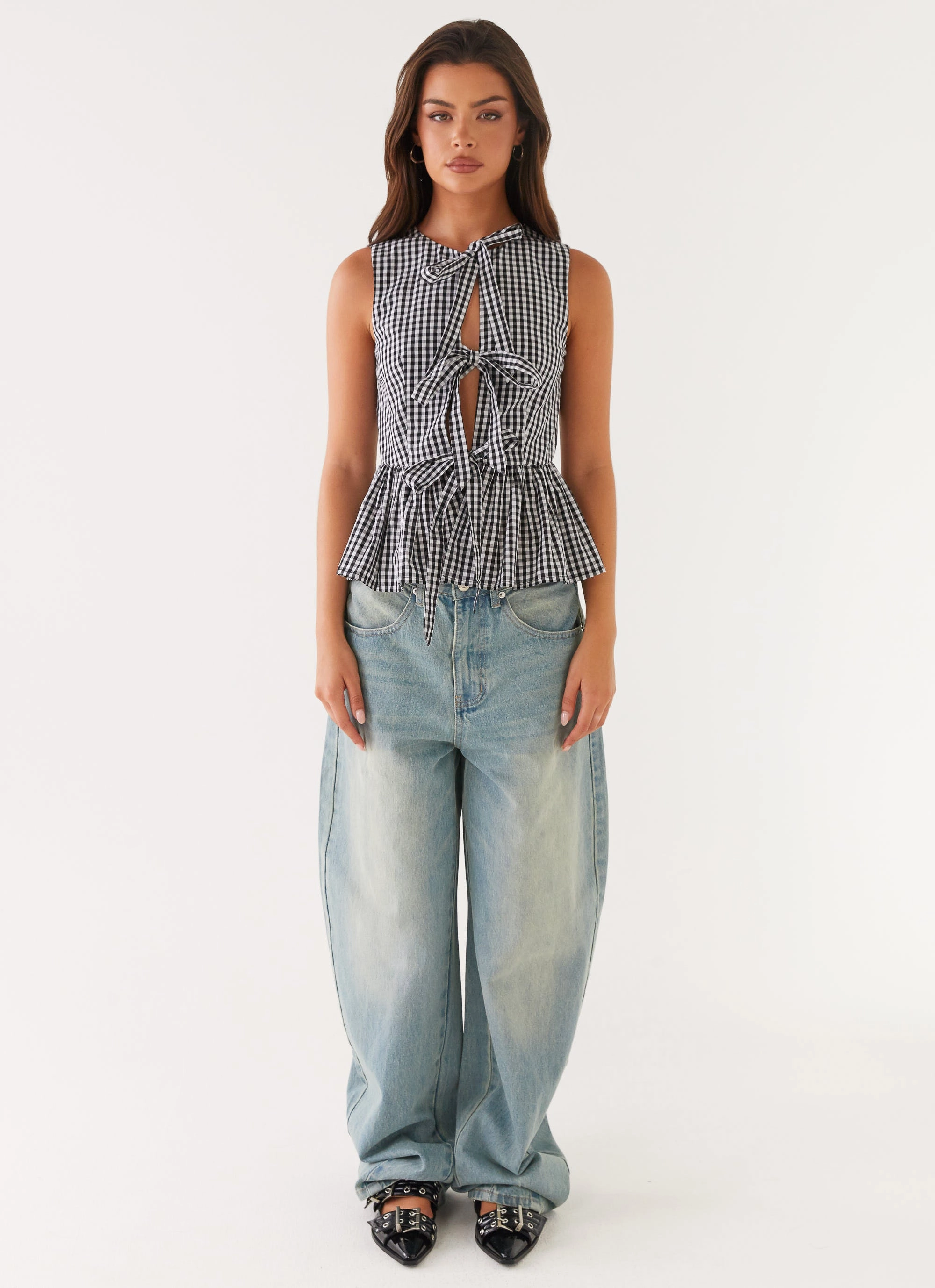 Cyrene Tie Top - Black Gingham Cool Fabric