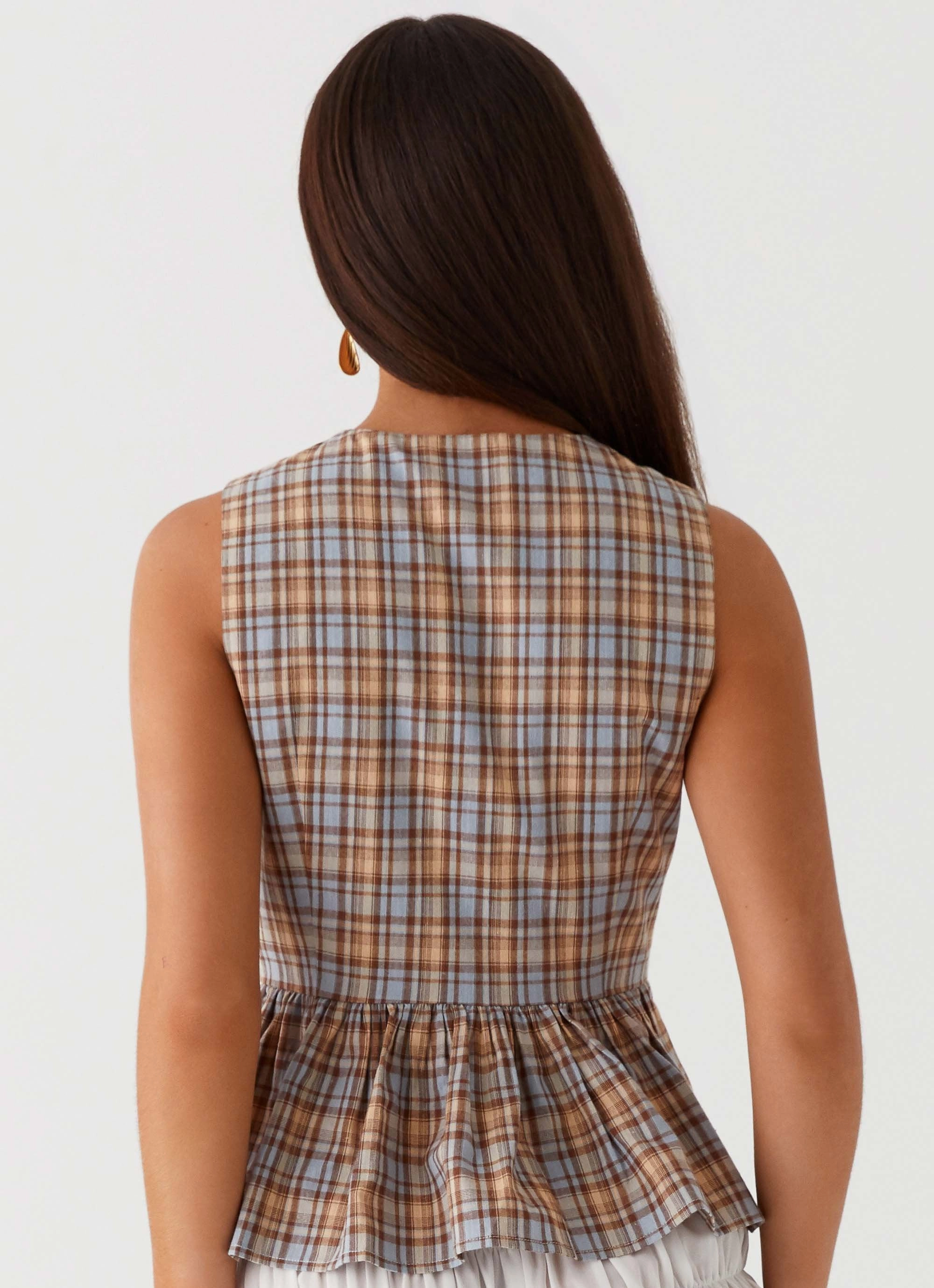 Cyrene Tie Top - Brown Check Curved Hem Design