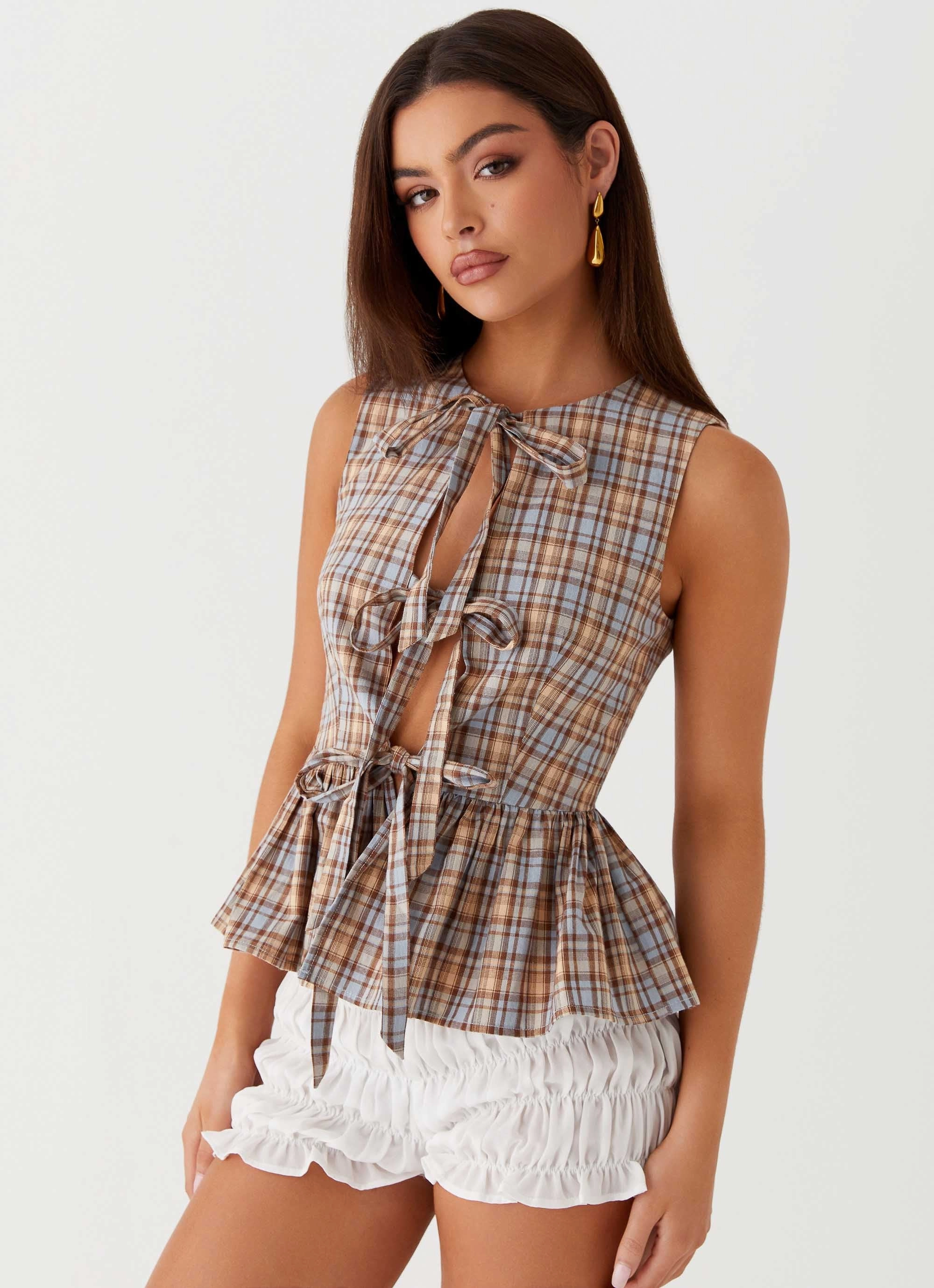 Cyrene Tie Top - Brown Check AntiPilling Technology