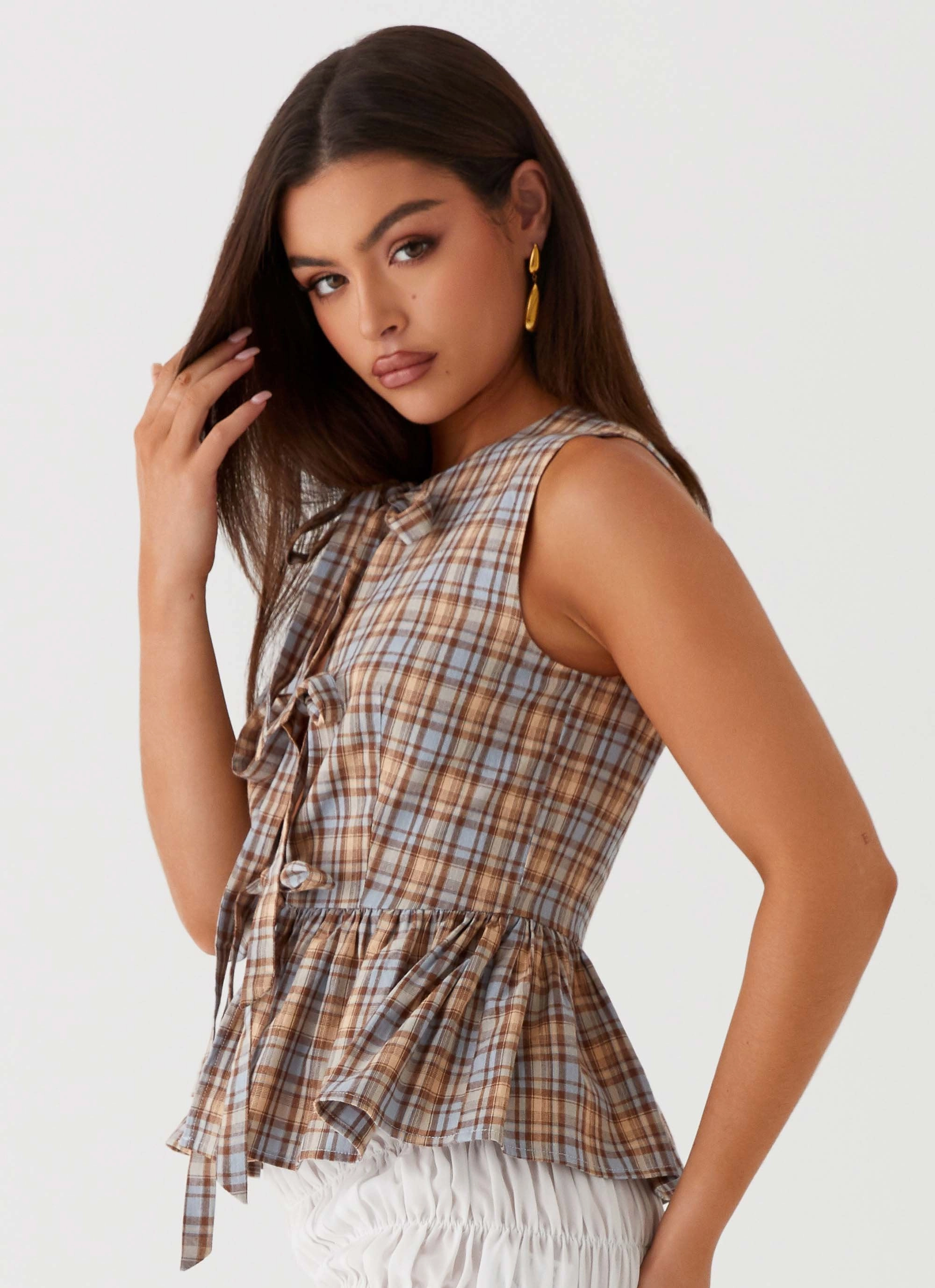 Cyrene Tie Top - Brown Check ZipClosure Bamboo Fiber Fabric