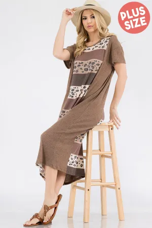 D6160X-BROWN PLUS SIZE COLORBLOCK STRIPED DRESS 2-2-2