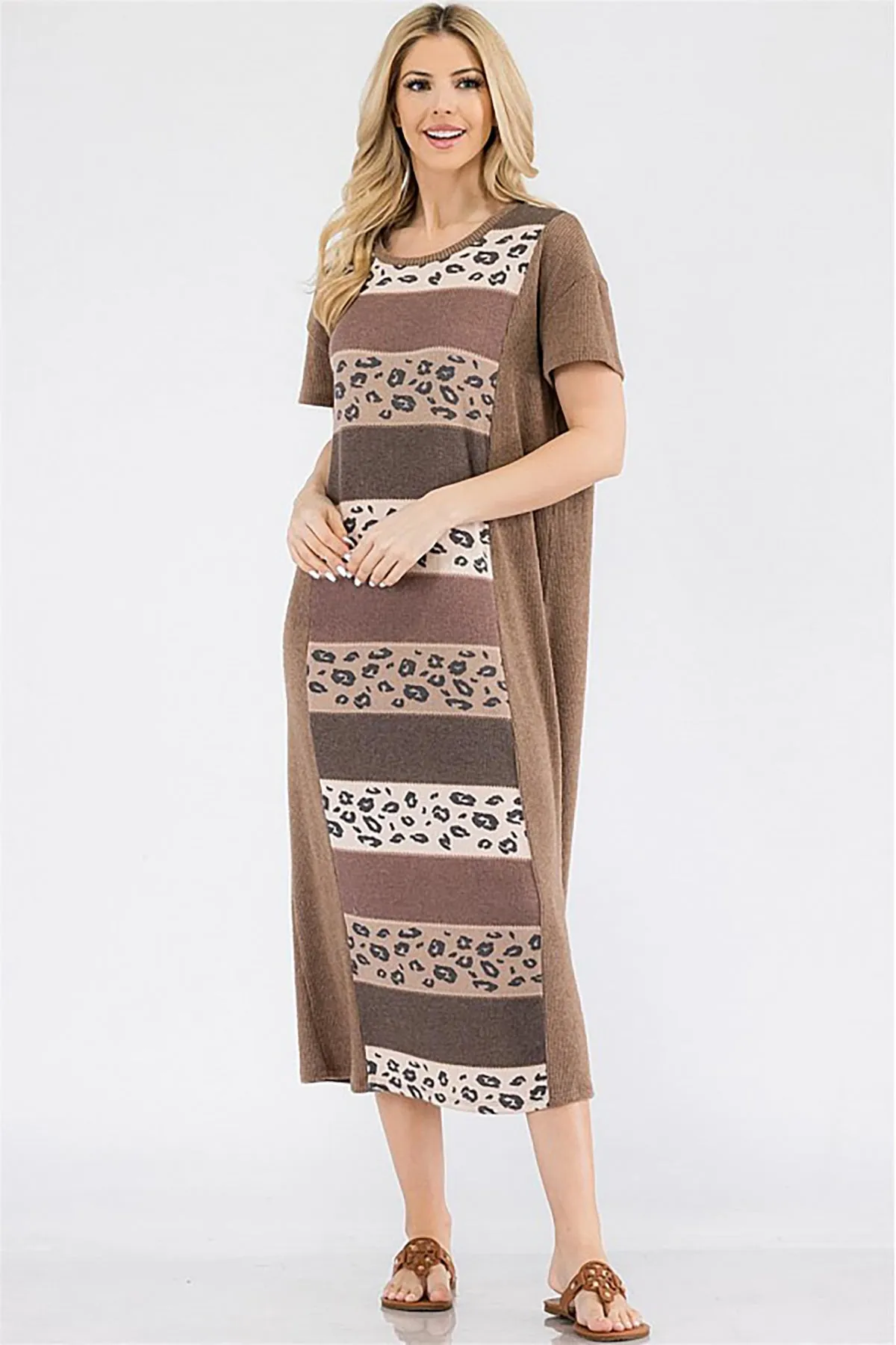 D6160X-BROWN PLUS SIZE COLORBLOCK STRIPED DRESS 2-2-2