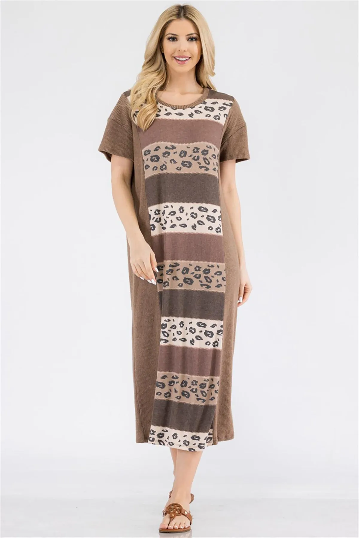 D6160X-BROWN PLUS SIZE COLORBLOCK STRIPED DRESS 2-2-2