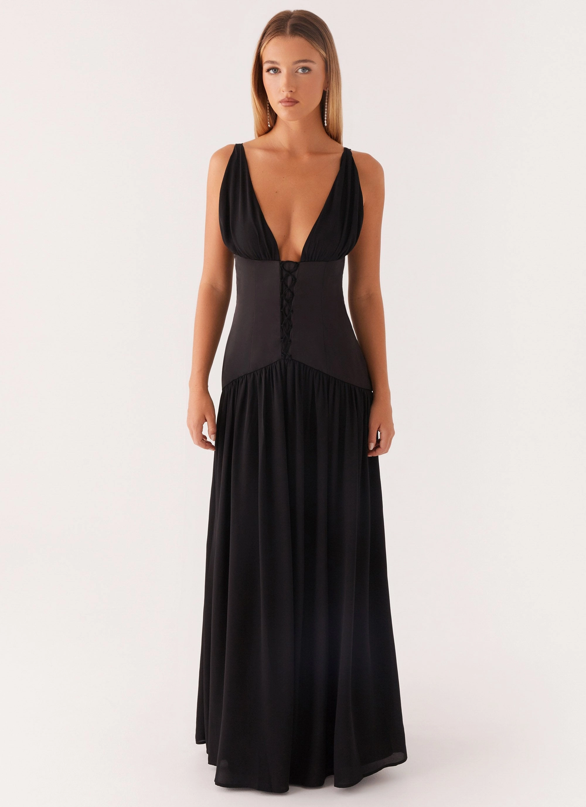 boho vibe Dafina Satin Maxi Dress - Black