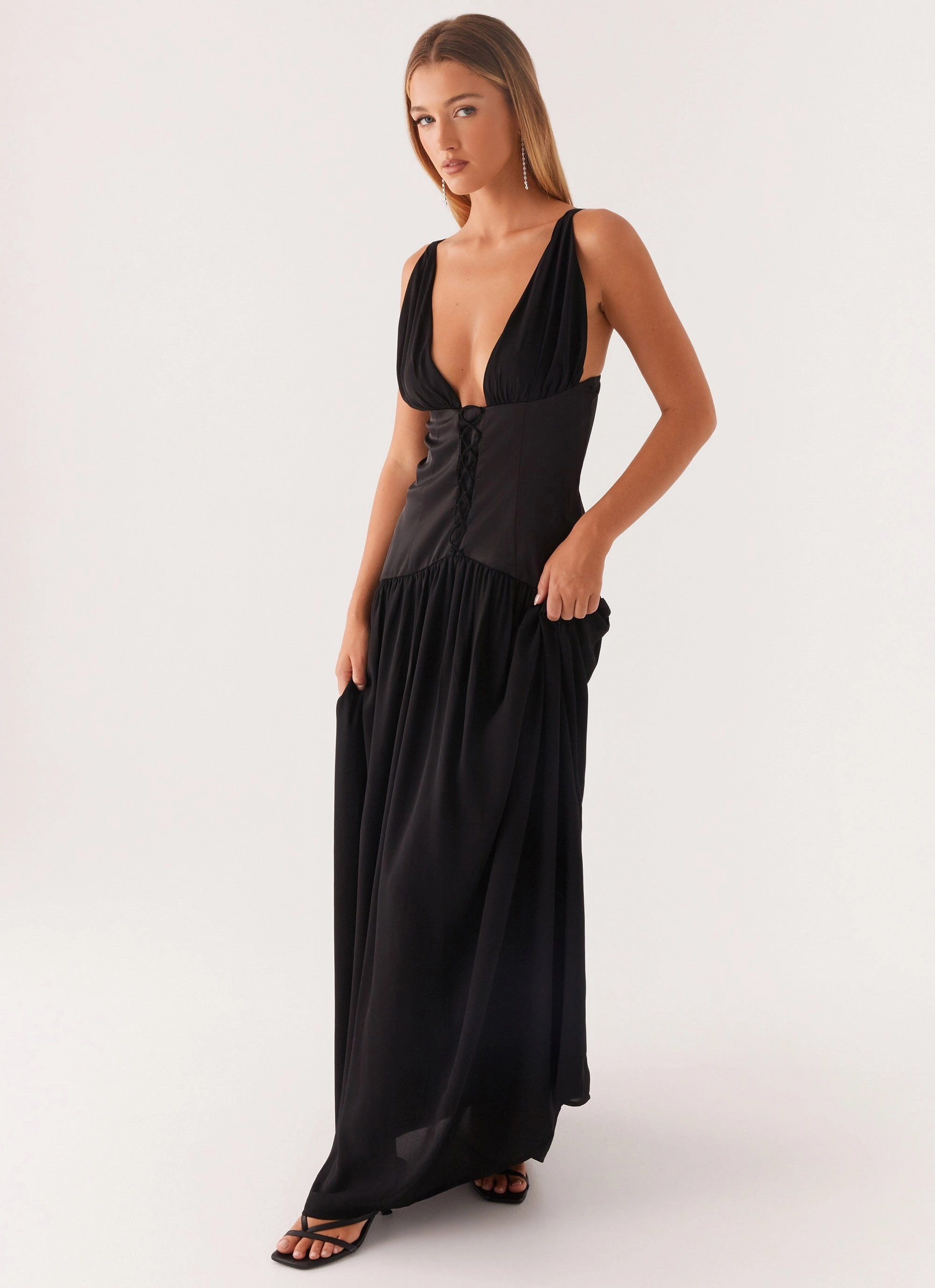 Dafina Satin Maxi Dress - Black Silky Shape StretchableKnit