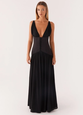boho vibe Dafina Satin Maxi Dress - Black