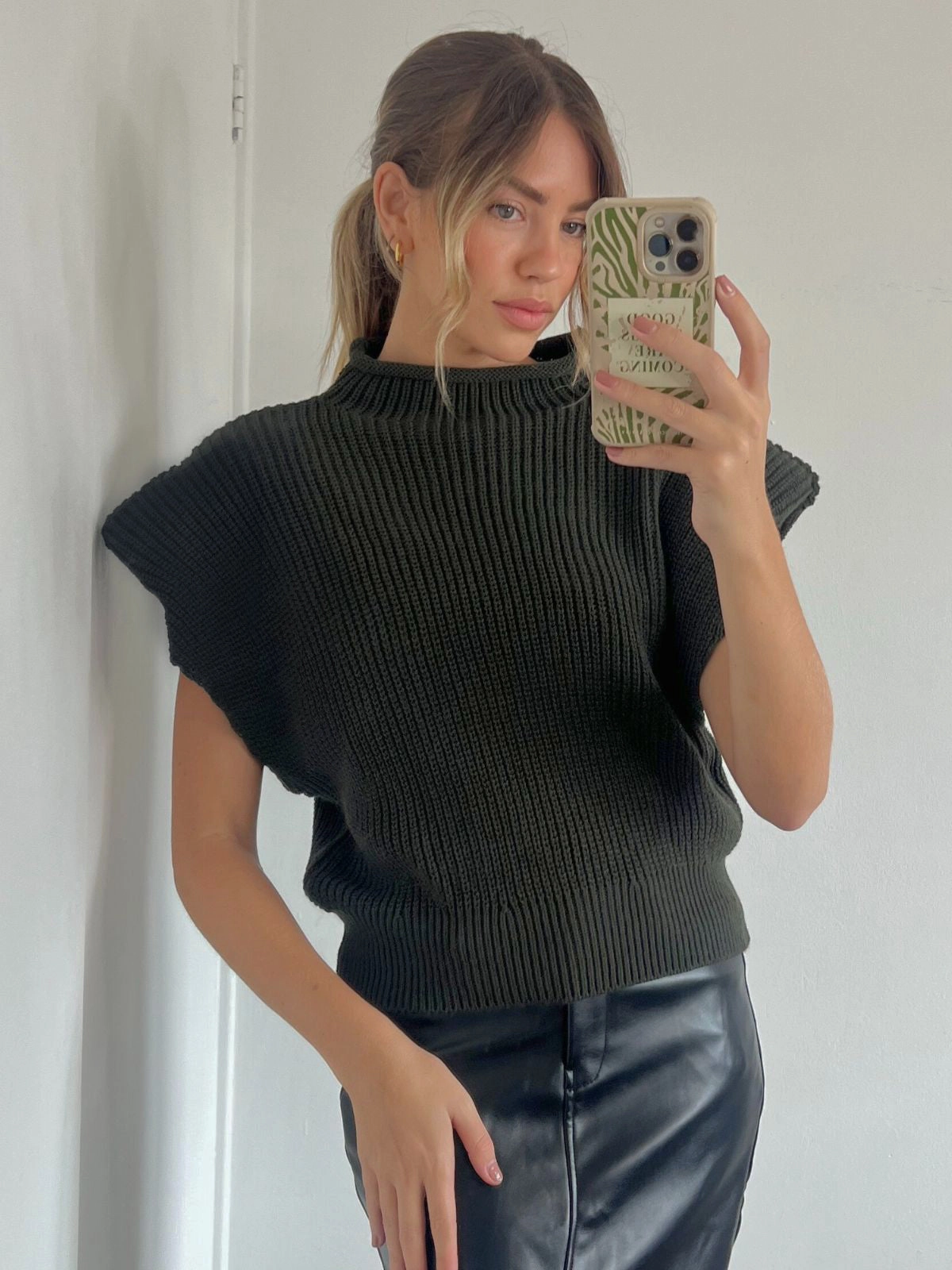 Dahlia Chunky Sleeveless Knitted Top / Khaki Button Down Collar Style NonRestrictive Fit