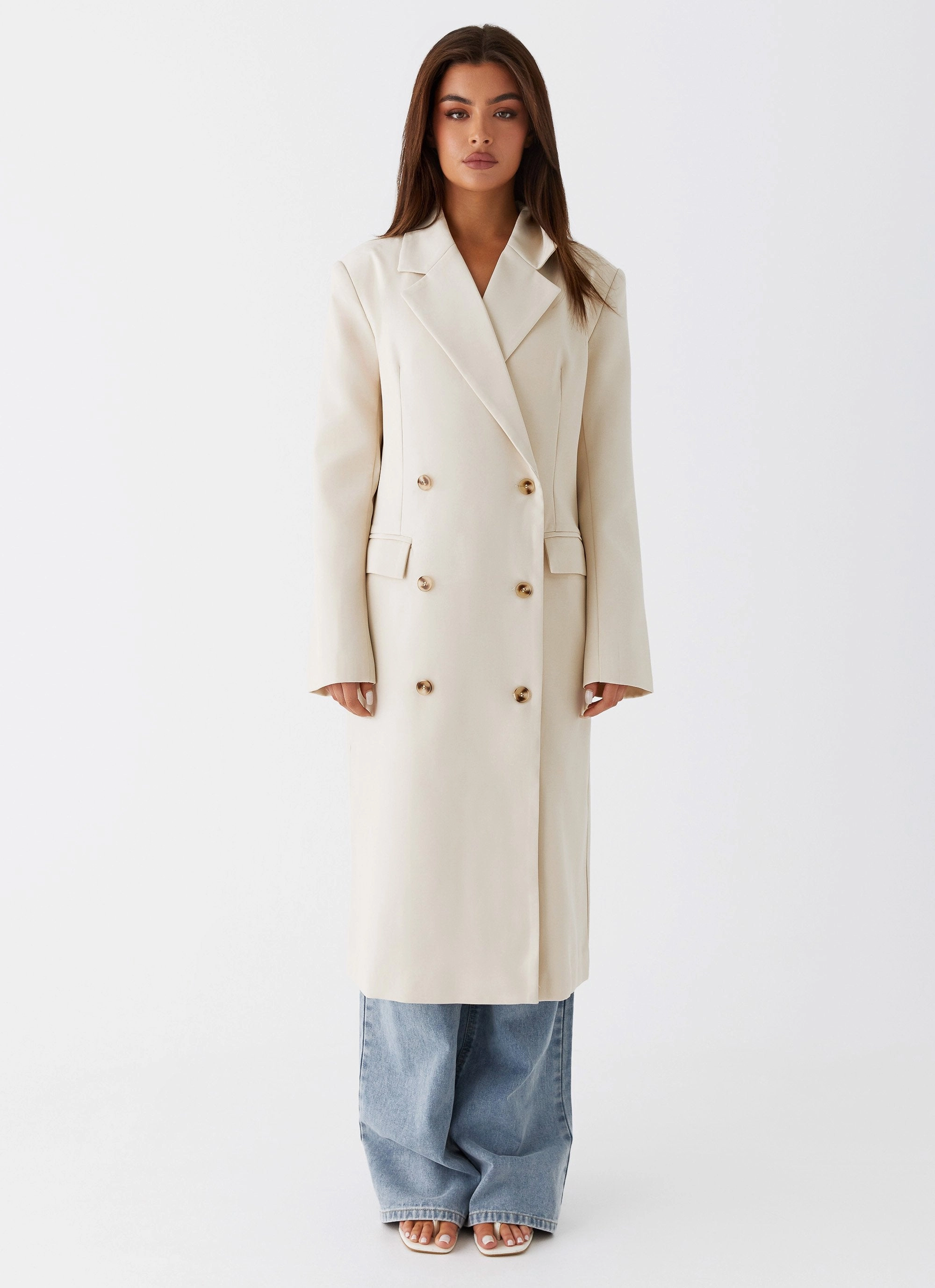 Dalia Double Breasted Blazer Coat - Beige Seasonal Trend Minimalist Pocket Layout