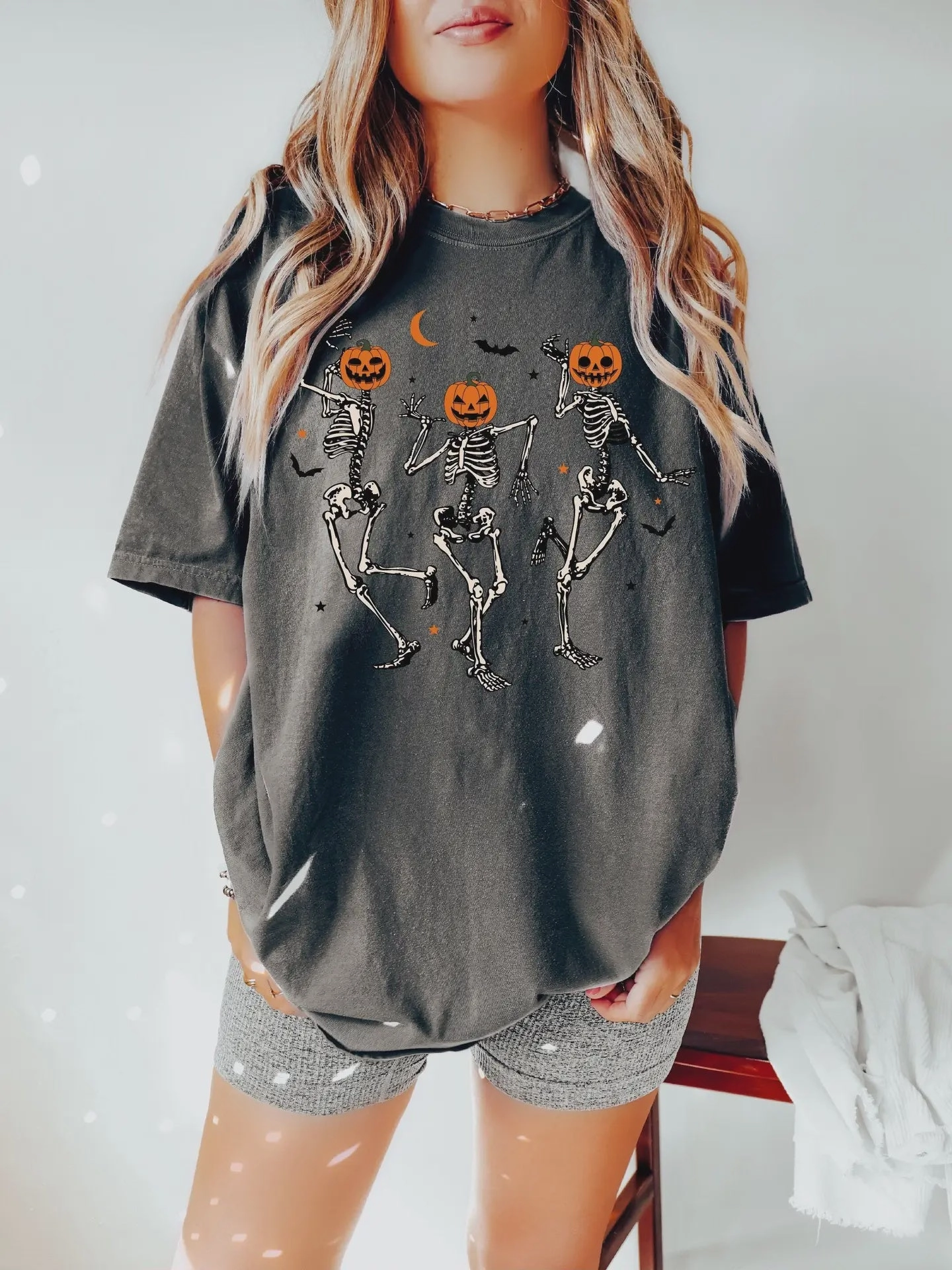 Double Needle Stitching Light material Dancing Skeleton Pumpin Tee