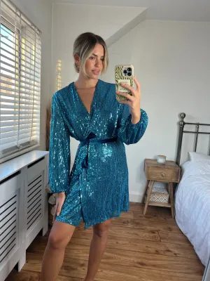 Dani Sequin Wrap Dress / Peacock Blue Trendy Garment Dani Sequin Wrap Dress / Peacock Blue Style focused