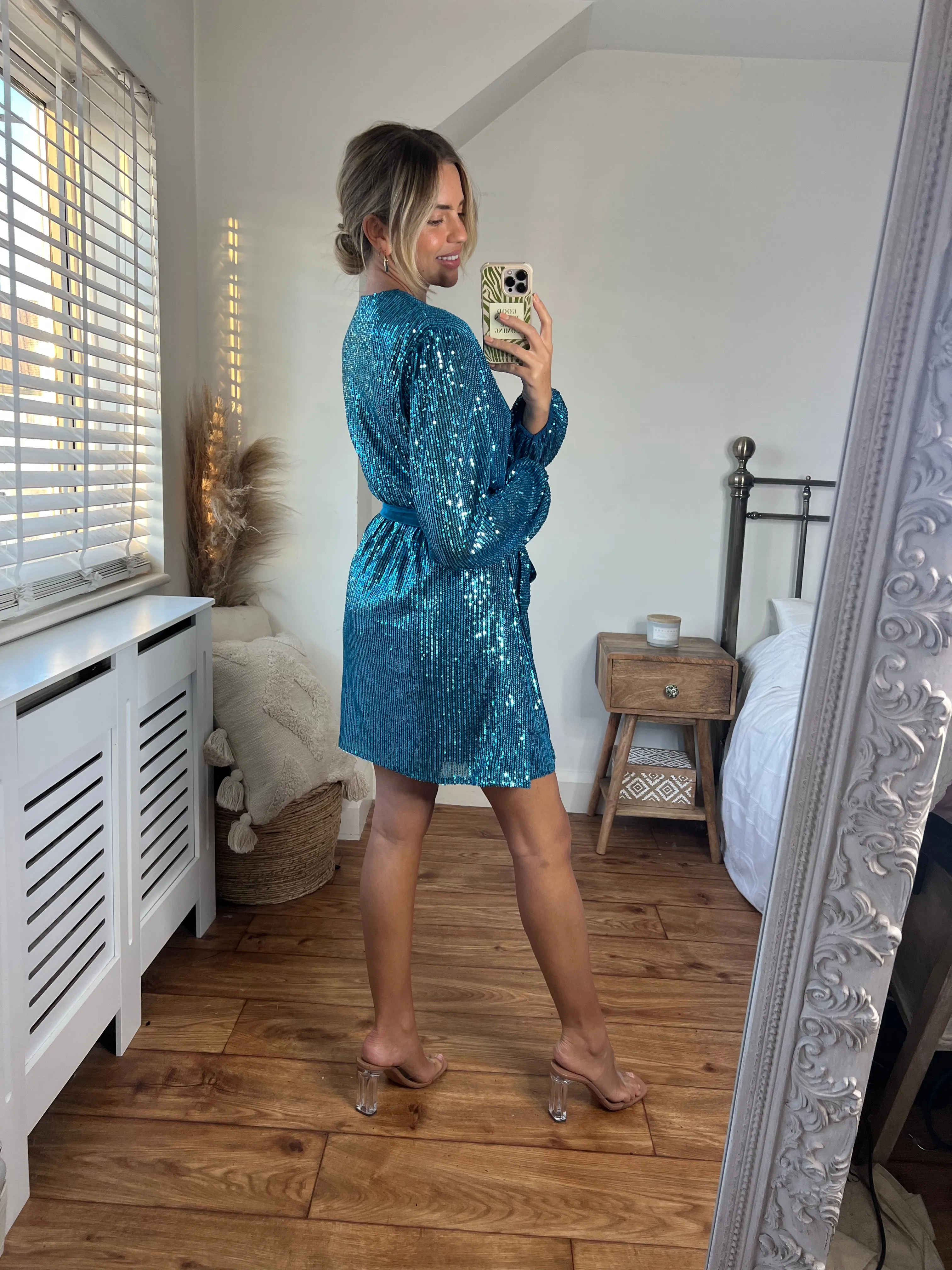 Dani Sequin Wrap Dress / Peacock Blue Work Chic
