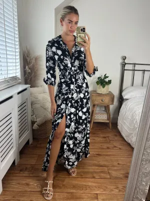 Daphne Belted Shirt Dress / Mono Floral luxe feel Easy Drape