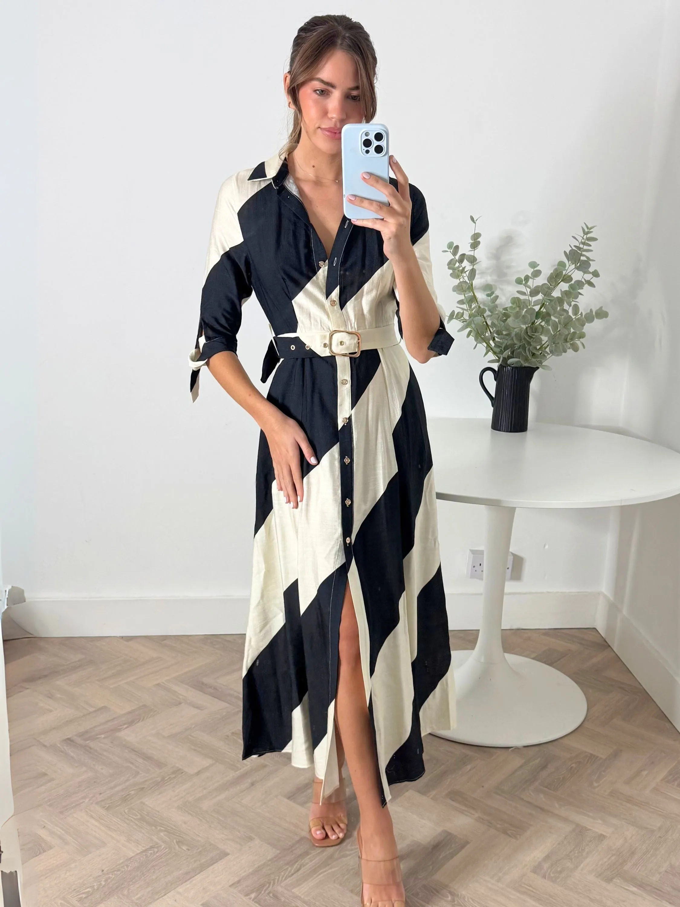 Daphne Belted Shirt Dress / Mono Stripe Breathable Layering