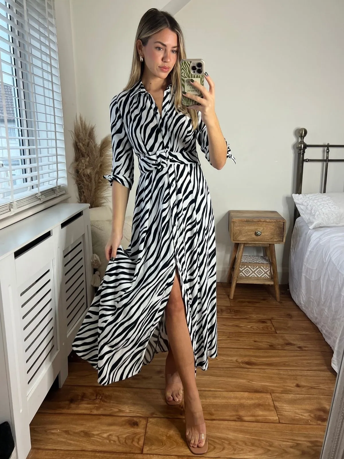 Daphne Belted Shirt Dress / Zebra Print Light Base Easy Layering
