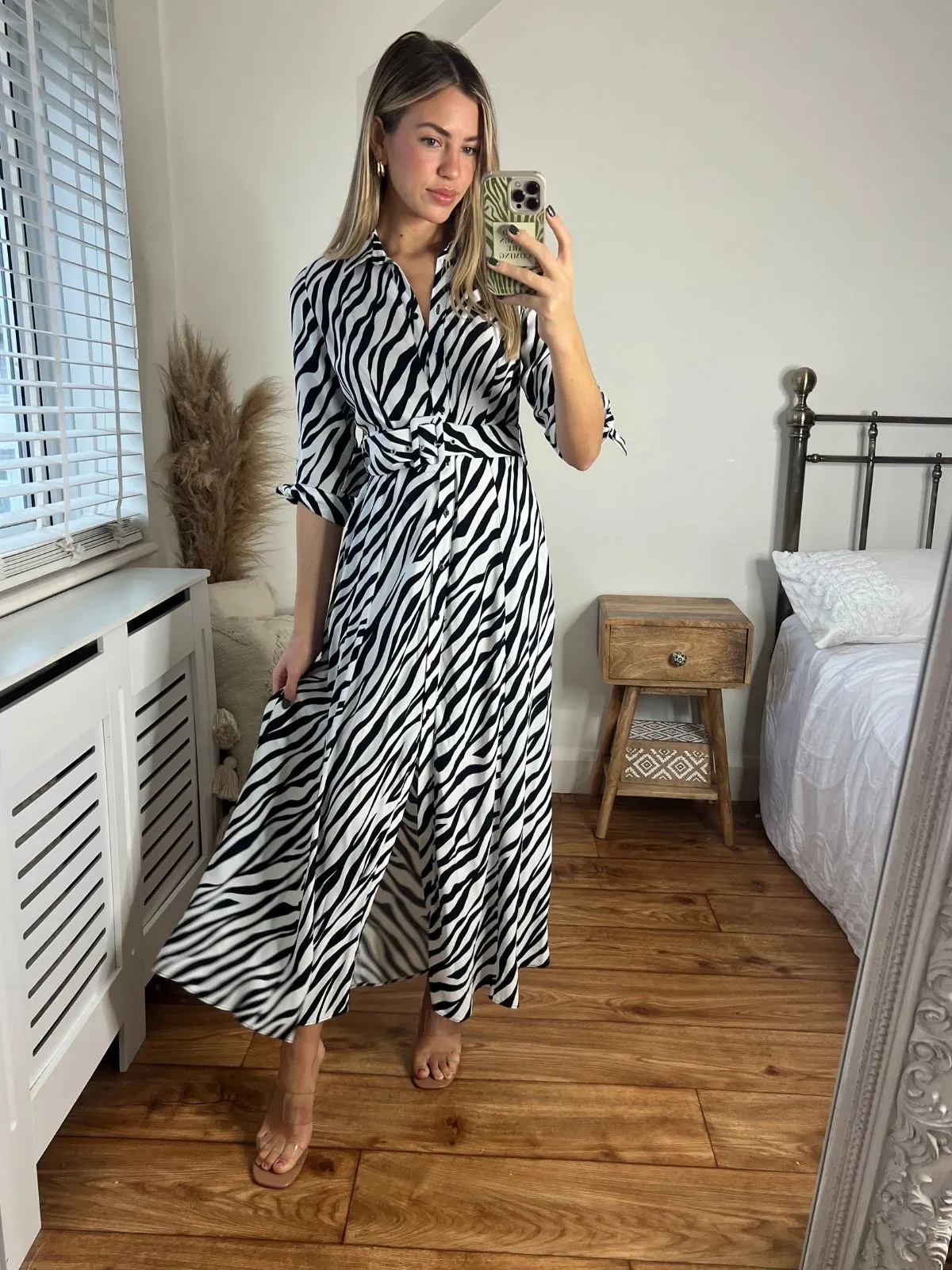 Saturated Hue Daphne Belted Shirt Dress / Zebra Print