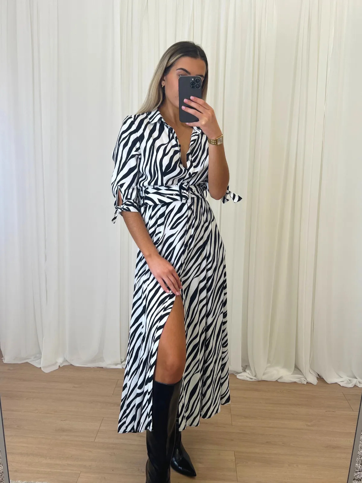 Stylish Layer Flattering Look Wear Daphne Belted Shirt Dress / Zebra Print