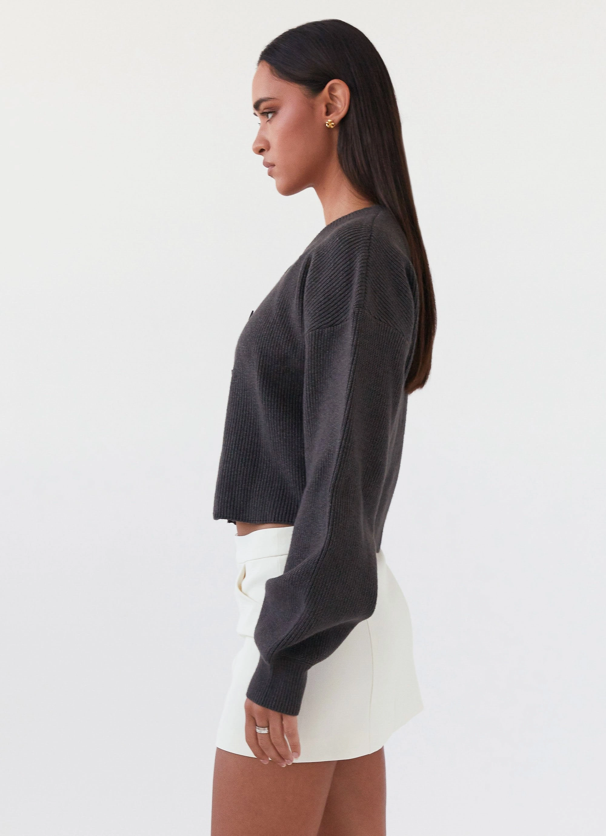 Daphne Knit Cardigan - Charcoal Ribbed Hemline