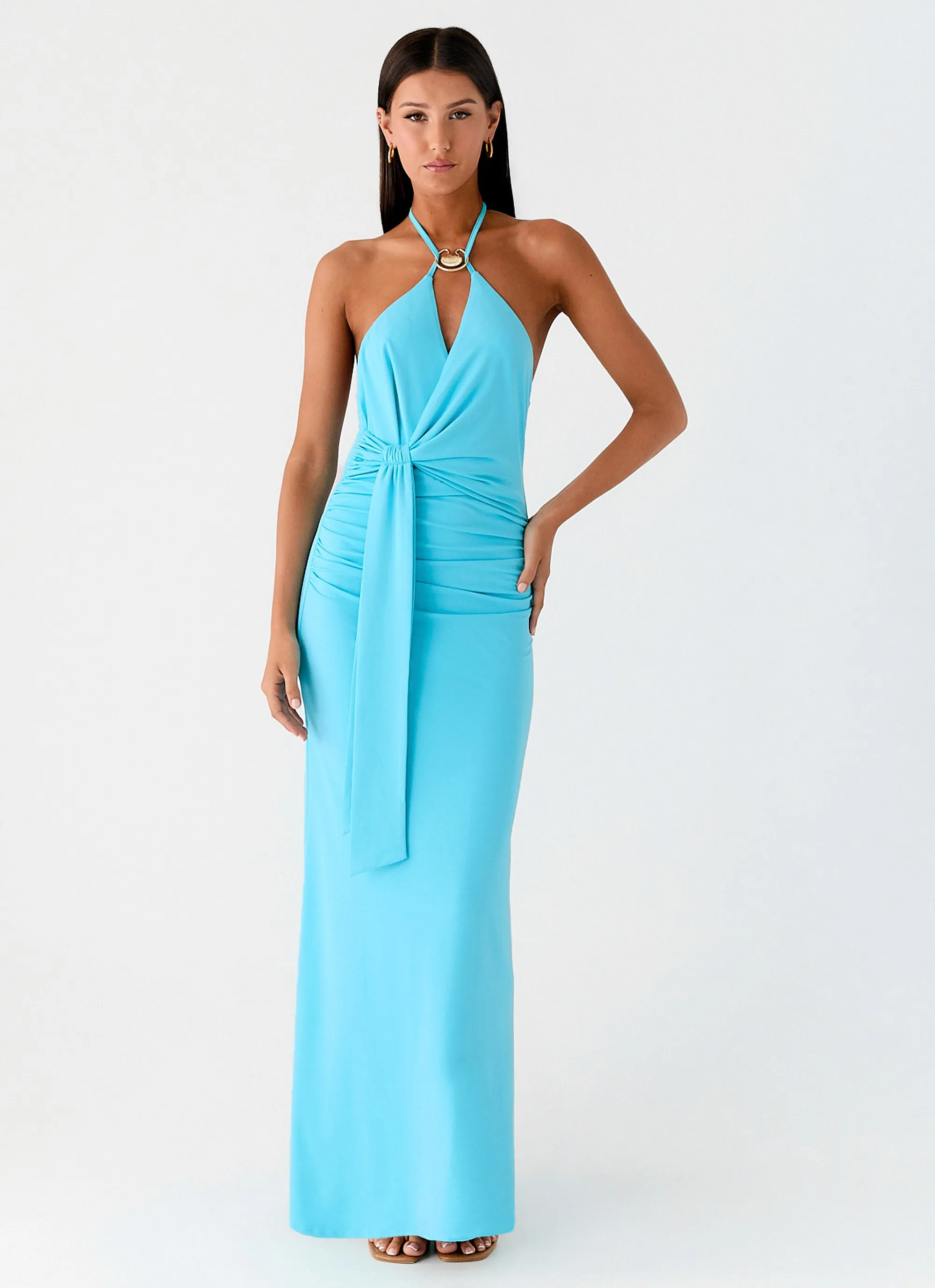 Dare Me Halter Maxi Dress - Aqua Blue Premium Finish Dynamic Design