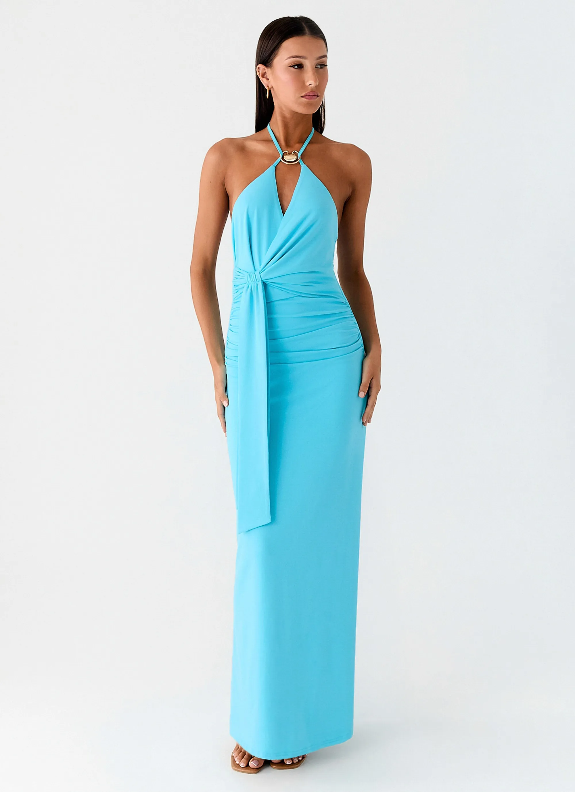 Yoke Design Dare Me Halter Maxi Dress - Aqua Blue