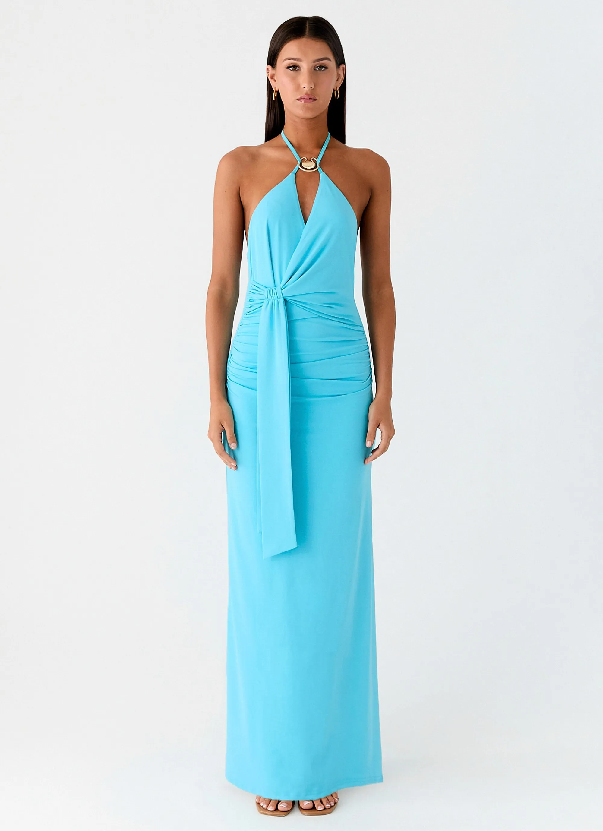 Dare Me Halter Maxi Dress - Aqua Blue Designer Look