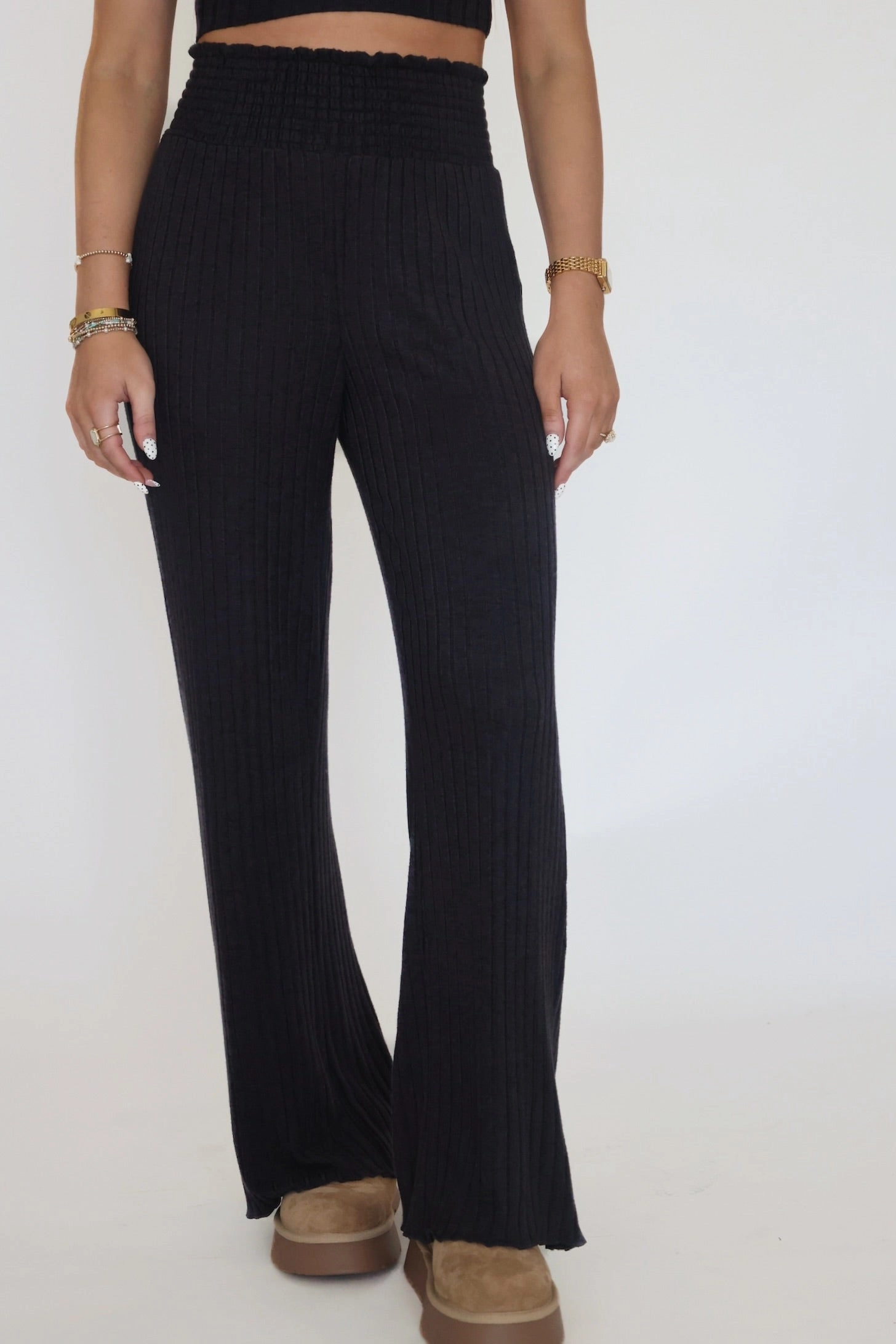 Dawn Smocked Rib Pant - Black Sand Stretch Weave Construction Weighted Hem Design