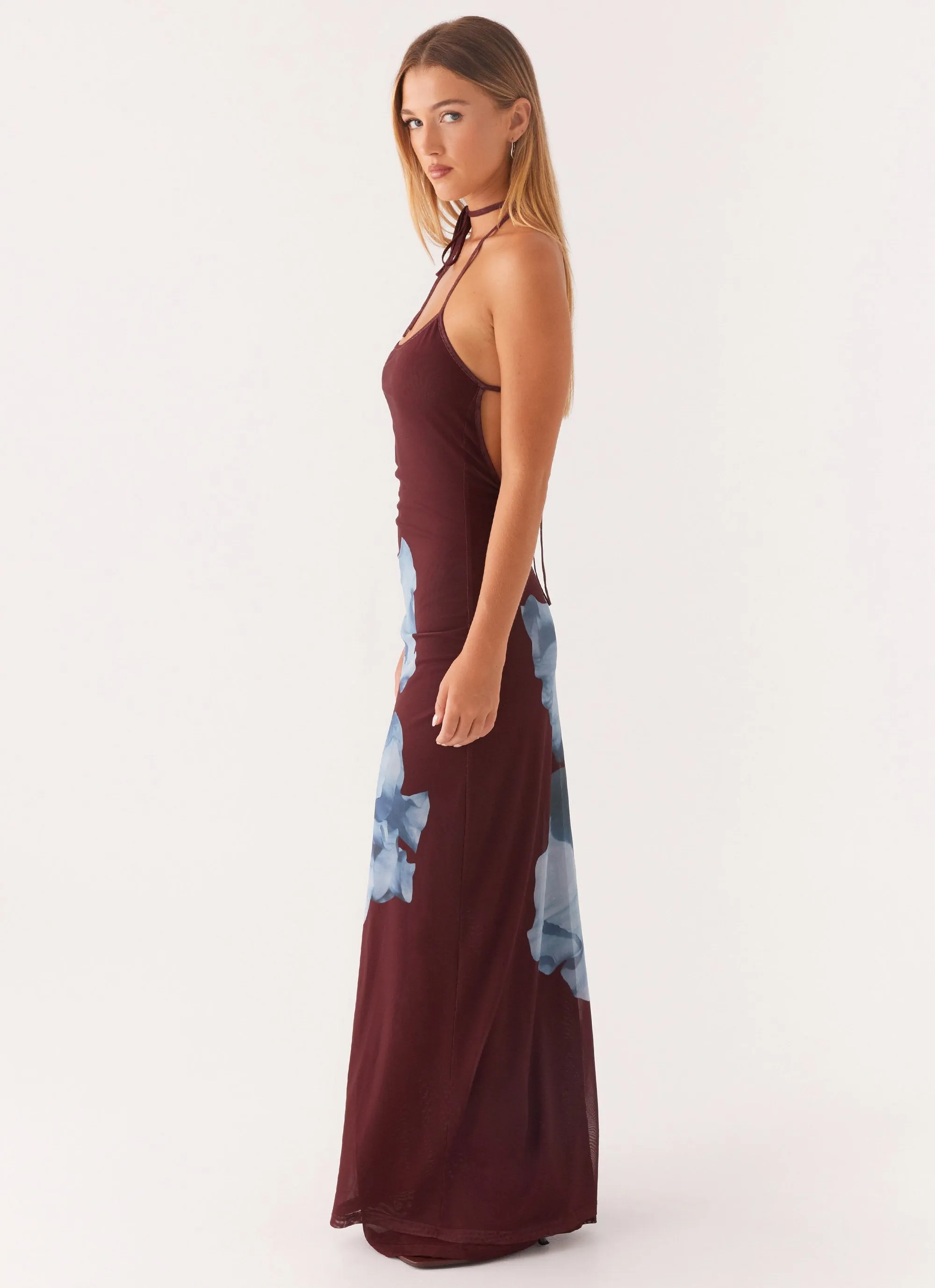 Textured Finish Dayana Halterneck Maxi Dress - Maroon Print