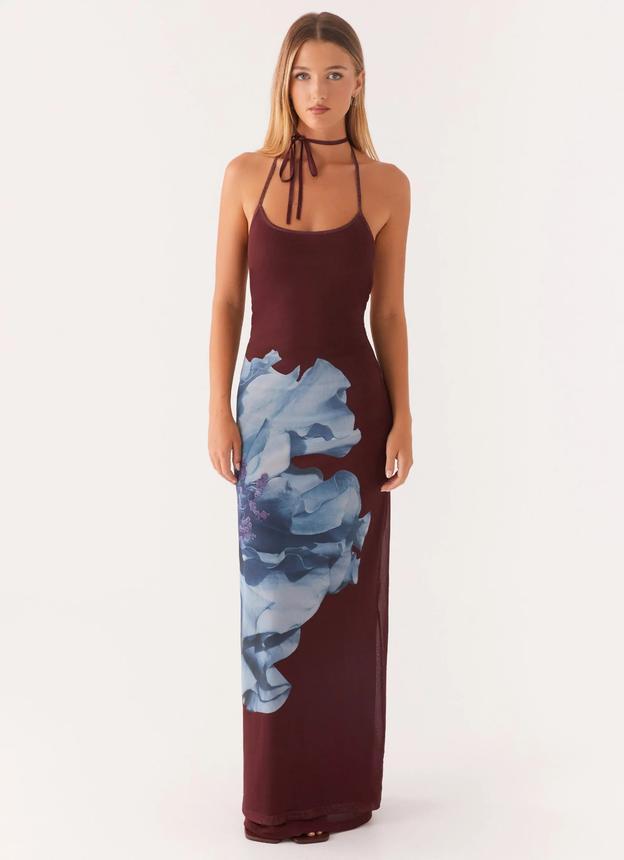 Travel-friendly Dayana Halterneck Maxi Dress - Maroon Print