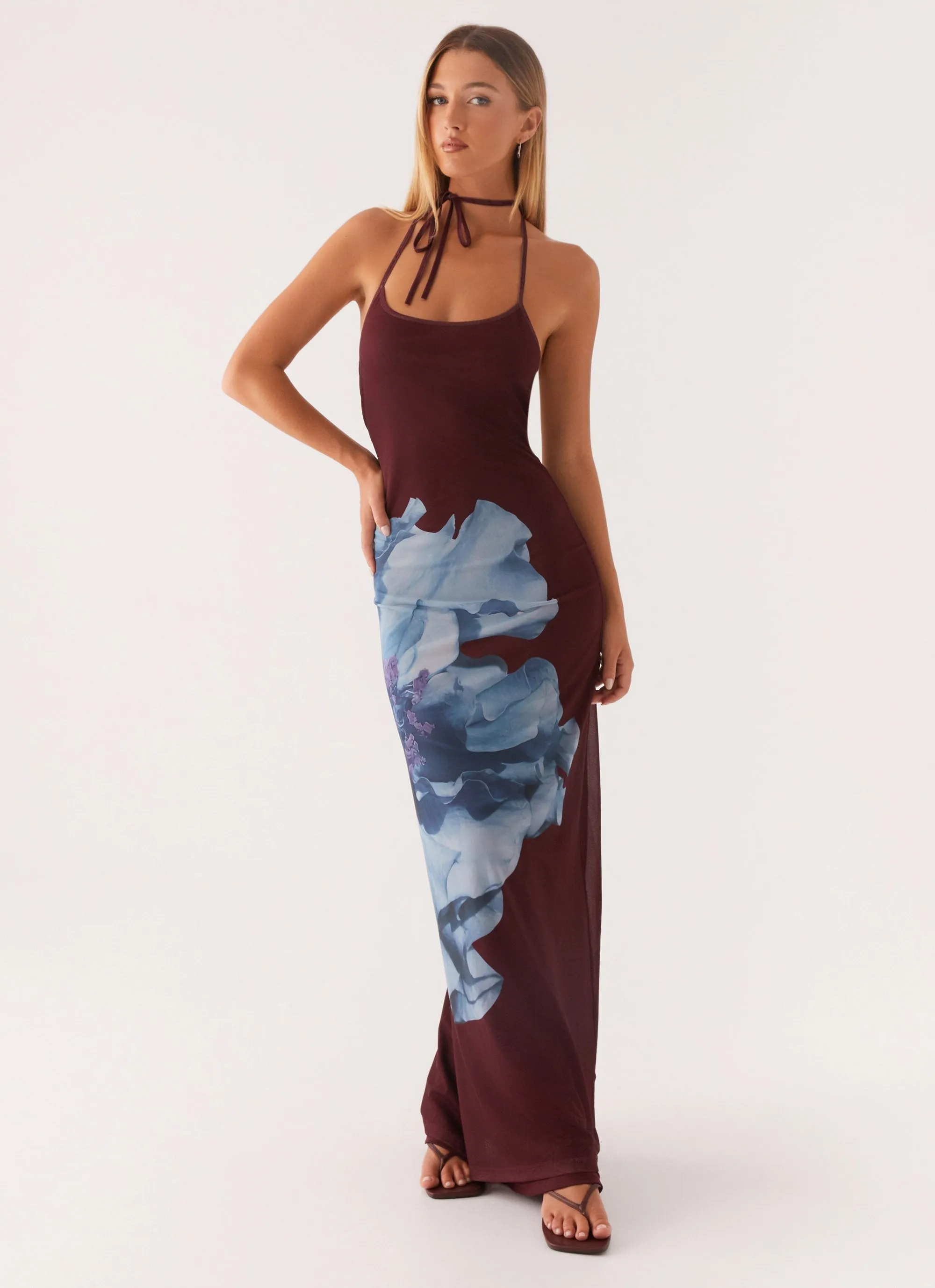 Dayana Halterneck Maxi Dress - Maroon Print Ribbed Trim Geometric Print