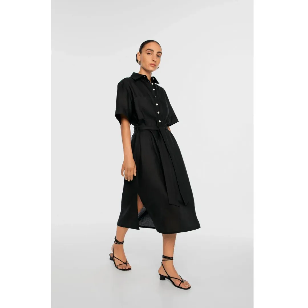 Soft cotton blend dress Bright Accent DAL THE LABEL Linen Midi Shirtdress, Black