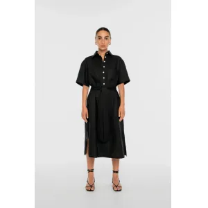 Daywear Comfort DAL THE LABEL Linen Midi Shirtdress, Black Compact Fit hypoallergenic DAL THE LABEL Linen Midi Shirtdress, Black