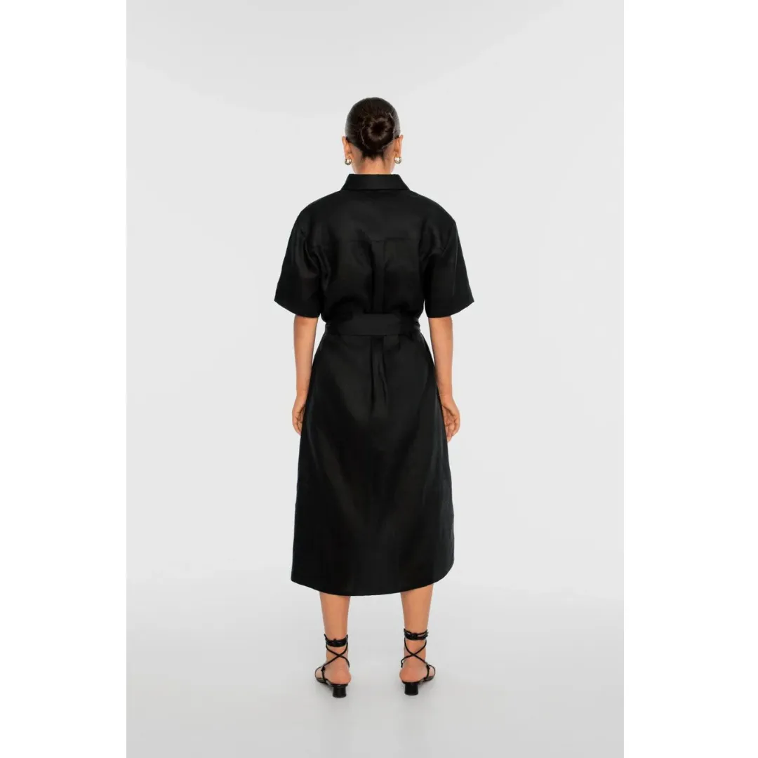 DAL THE LABEL Linen Midi Shirtdress, Black Lightweight Material