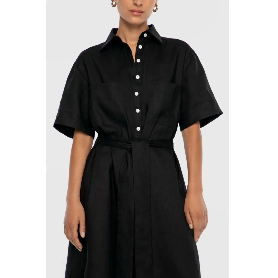DAL THE LABEL Linen Midi Shirtdress, Black Simple Elegance