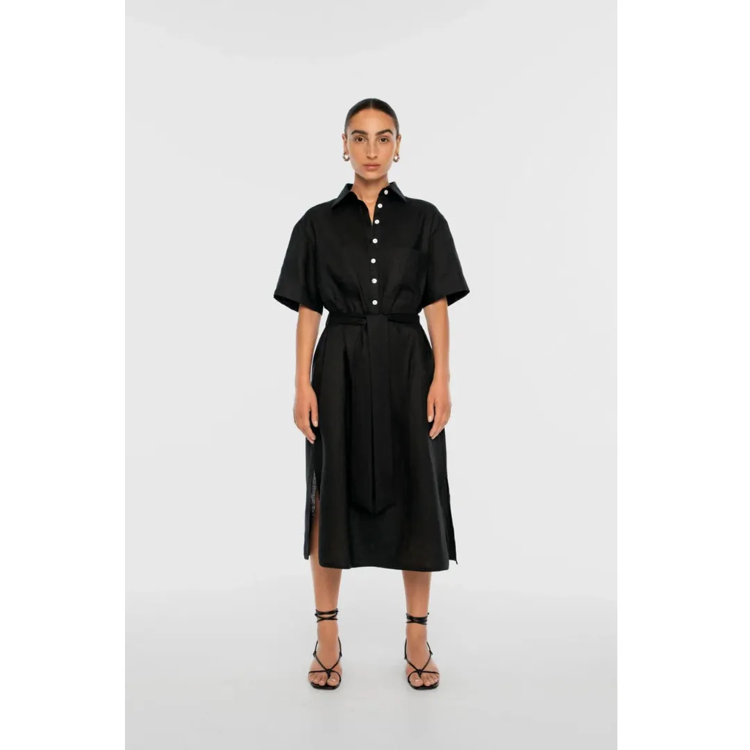 Compact Fit hypoallergenic DAL THE LABEL Linen Midi Shirtdress, Black