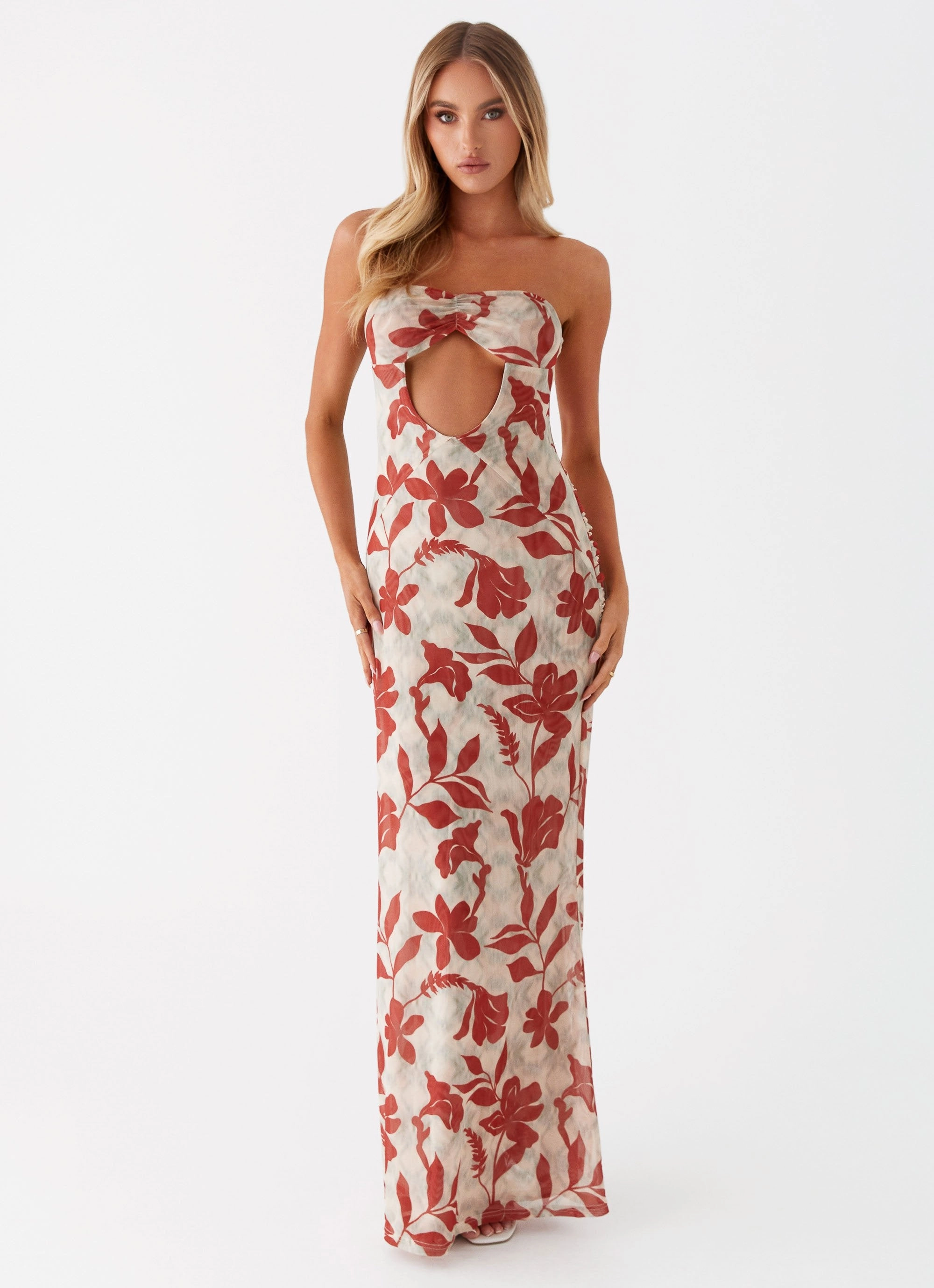 Dearest Maxi Dress - Red Green Floral Velvet-Touch