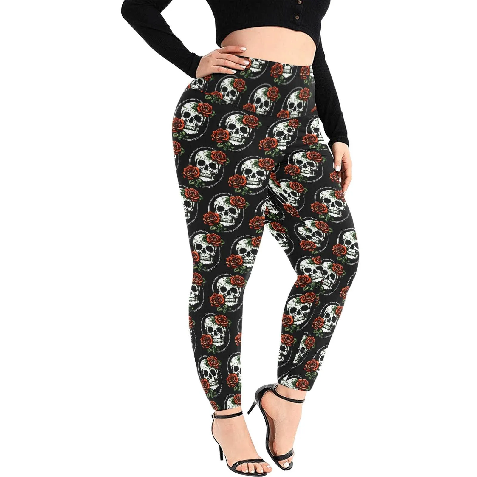 DeathDrip Skull and Rose Women's Plus Size High Waited Leggings Women's High Waist Leggings(Plus Size)(ModelL45)