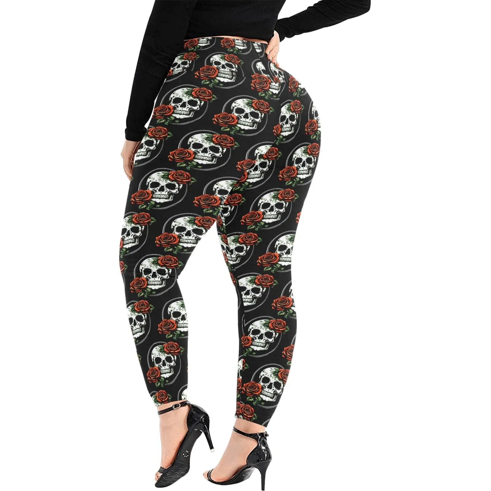 DeathDrip Skull and Rose Women's Plus Size High Waited Leggings Women's High Waist Leggings(Plus Size)(ModelL45)