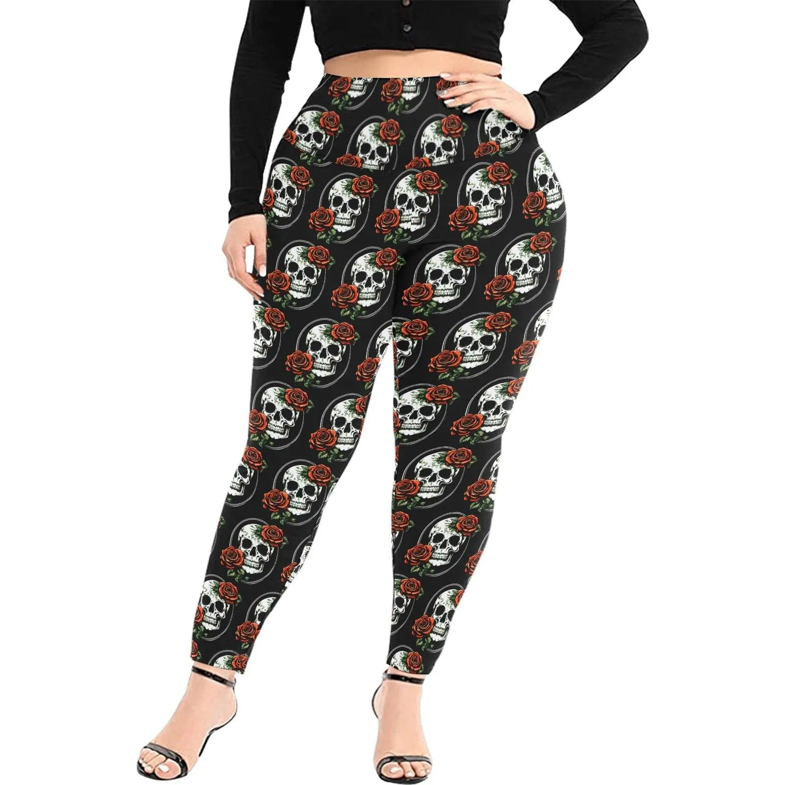 DeathDrip Skull and Rose Women's Plus Size High Waited Leggings Women's High Waist Leggings(Plus Size)(ModelL45)