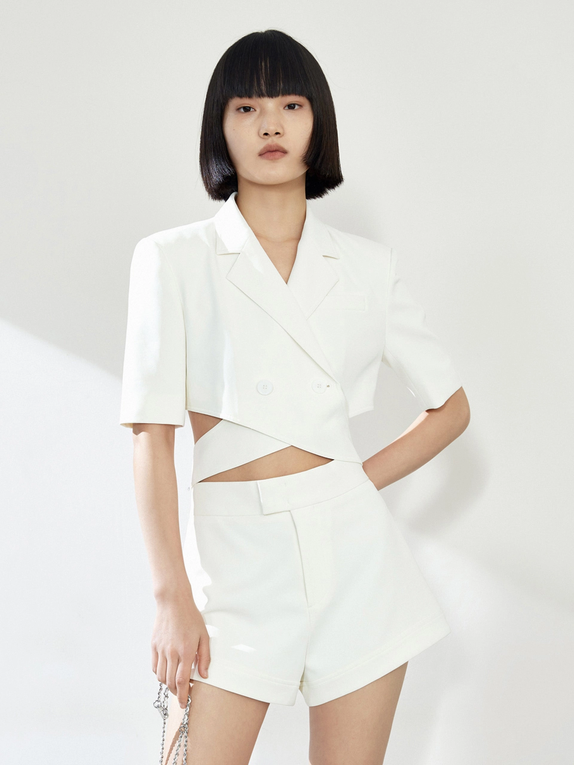 Deconstructed Cut-Out Lapel Crop Blazer